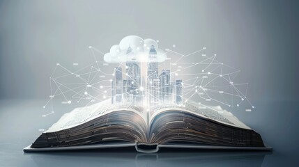 Poster - Open Book with a Cityscape Emerging from its Pages
