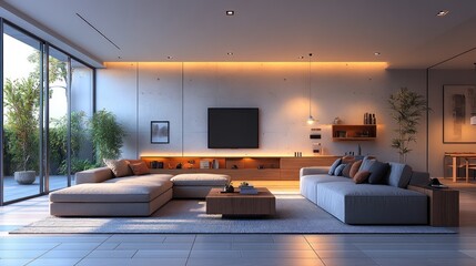 Wall Mural - Modern living room with sleek furniture and ambient lighting.