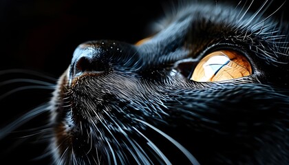 Wall Mural - Intense gaze of a black cat with prominent whiskers against a dark backdrop, showcasing expressive amber eyes