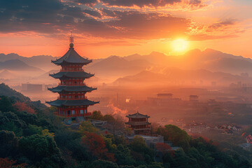 Poster - Mountain pagoda, sunrise and morning mist