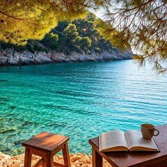 Wall Mural - An open book with a coffee cup on a table and a chair under the tree near the clear lake with mountains forest landscape view on sunshine day background