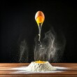 © Jittiwan - Pile of flour splash on a wooden table with floating eggs in the air on black background, food preparation concept, food photography for advertisement