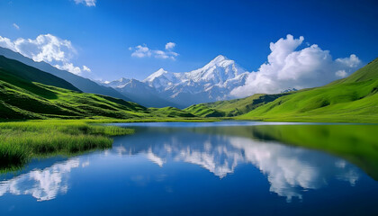 Wall Mural - Serene mountain lake reflecting a majestic snow-capped peak.