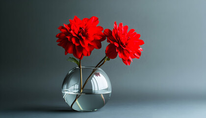 Two red dahlias in a glass vase against a gray background.