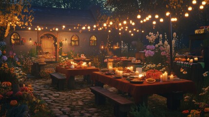 Poster - A delightful gathering unfolds in a garden adorned with vibrant flowers, as guests enjoy dinner at rustic tables, surrounded by warm lights and delicious dishes during a magical evening.