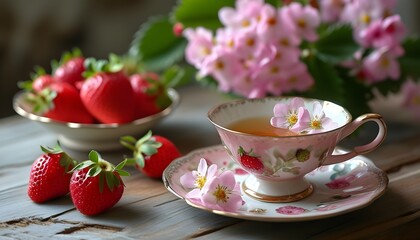 Wall Mural - charming afternoon tea setup with delicate teacup, fresh strawberries, and vibrant pink flower bouquet