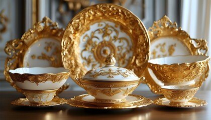 Wall Mural - Opulent collection of ornate golden plates and bowls featuring intricate designs and a luxurious appeal