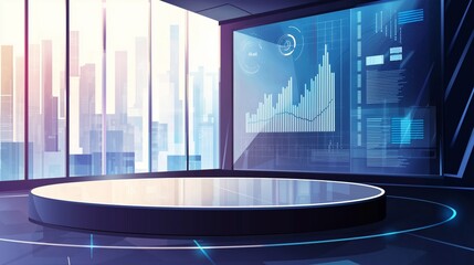 Poster - Modern futuristic office with panoramic windows, stock market data on digital screens, and a podium in the center. Perfect for tech-related presentations.