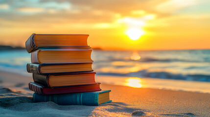 Wall Mural - A stack of books on a sandy beach at sunset.