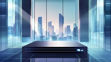 Poster - Modern server room with futuristic design, overlooking a cityscape through large glass windows. Professional technology concept.