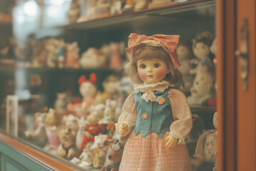 Vintage Porcelain Doll in Antique Display Cabinet