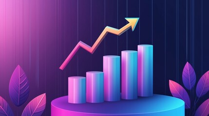 Poster - Futuristic bar chart with an upward trend, neon colors, and digital design representing growth and analytics on a dark background.