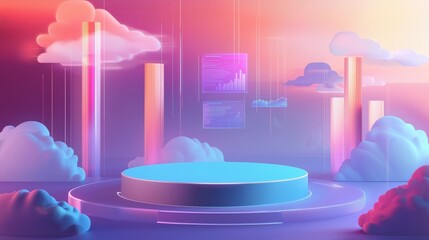 Poster - Futuristic cloud storage concept with data visualization, glowing charts, and a digital platform in a surreal, vibrant atmosphere.