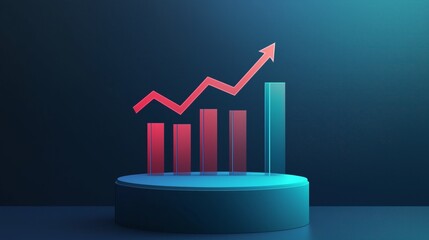 Poster - 3D bar and line graph on a pedestal indicating growing statistics and market trends with a neon glow background.
