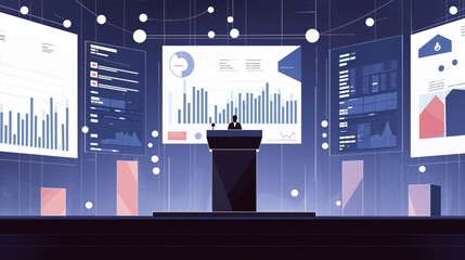 Poster - A business presentation showcasing various data charts and statistics on large screens in a futuristic conference room.