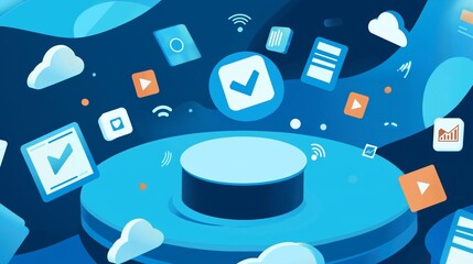 Poster - Abstract concept of digital data management and cloud storage in a futuristic interface with various icons and symbols.