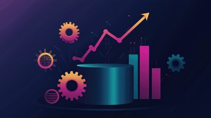Poster - Abstract digital chart with upward arrow, gears, and bar graph representing data analysis, growth, and progress.