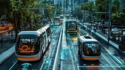 Wall Mural - A futuristic city with autonomous electric buses driving along smart roads equipped with sensors and digital traffic signals