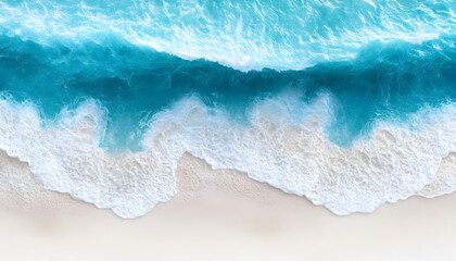 Wall Mural - Aerial view of turquoise ocean waves crashing on a white sandy beach.