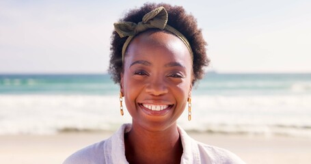 Wall Mural - Happy, relax and portrait of black woman at beach for summer vacation, holiday and weekend in nature. Travel, smile and face of person by ocean, sea and outdoors for tourist adventure in Tanzania