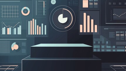 Poster - Futuristic data analysis dashboard with various graphs and charts, displaying business intelligence and analytics in a high-tech environment.