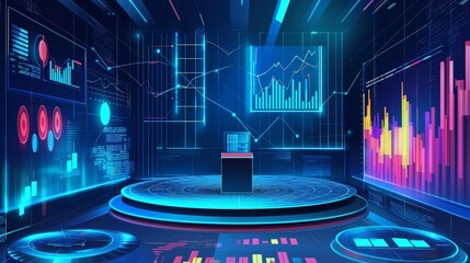 Poster - Futuristic data visualization room with holographic charts and graphs, showcasing advanced technology and analytical tools.
