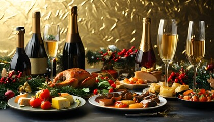 Wall Mural - Elegant holiday table adorned with sumptuous dishes, sparkling wine glasses, and a rich gold backdrop