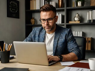 a man is working on his laptop in the office