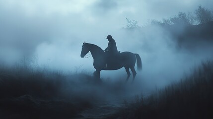 Canvas Print - A majestic horse and rider in a dramatic fog 