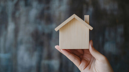 person holds a minimal wooden house model, symbolizing security, stability, and the concept of home. The clean, simple design reflects minimalism and represents the dream of ownership and new beginnin