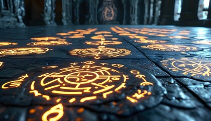 Illuminated ancient symbols on a mystical floor creating an enchanting atmosphere