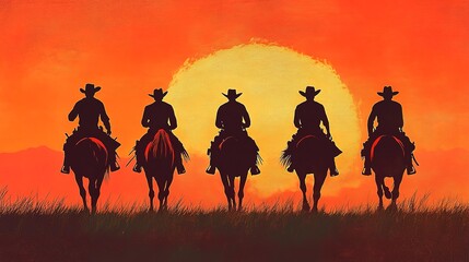 Wall Mural - Silhouette of four cowboys riding horseback against an orange sunset, evoking the Wild West and adventure in the open plains. 