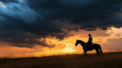 Poster - Silhouette of a horse and a rider against dramatic evening storm clouds, Cowboy rides into the sunset 