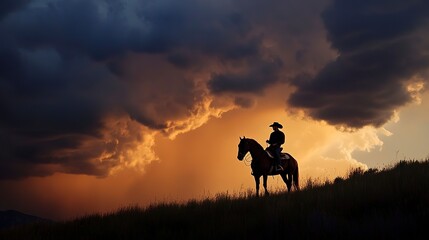 Wall Mural - Silhouette of a horse and a rider against dramatic evening storm clouds, Cowboy rides into the sunset 