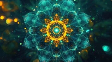 Poster - Digital mandala art representing the intersection of belief and technology, with space for text