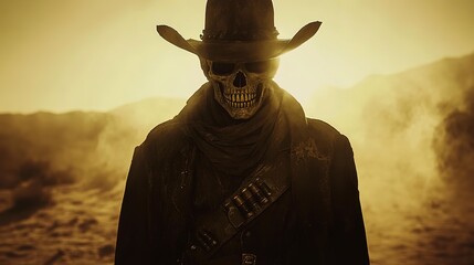 Canvas Print - Skeleton in a cowboy outfit, shadow cast against a desert backdrop, western noir