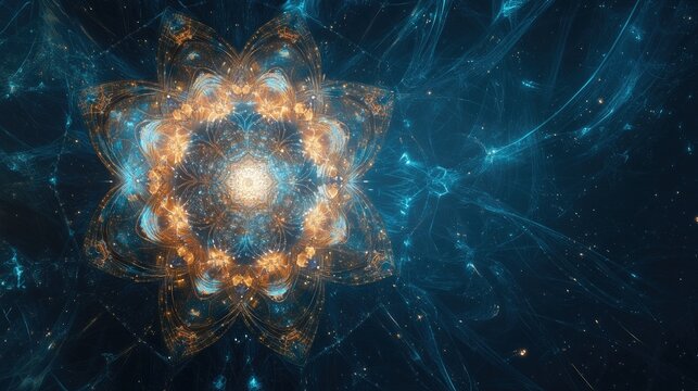 Digital mandala art representing the intersection of belief and technology, with space for text