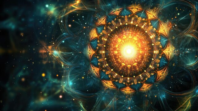 Digital mandala art representing the intersection of belief and technology, with space for text