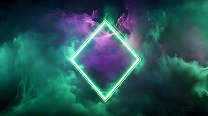 Poster - Glowing neon green diamond frame against a backdrop of green and purple smoke.