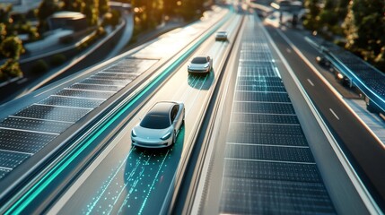 Wall Mural - A smart highway system with self-driving electric cars communicating through a connected network