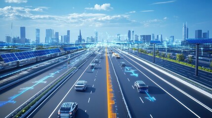 Wall Mural - A smart highway system with self-driving electric cars communicating through a connected network