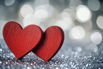 Two Red Wooden Interlocking Hearts On Silver Glitter With Heart Shaped Bokeh Background - Valentine's Day / Marriage Concept with generative ai