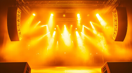 Empty stage with bright spotlights and smoke.