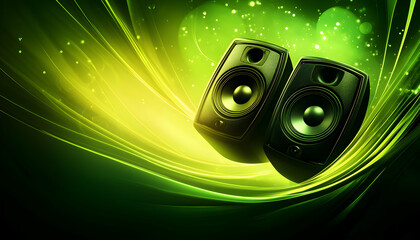 Wall Mural - Two speakers against a green and yellow abstract background.