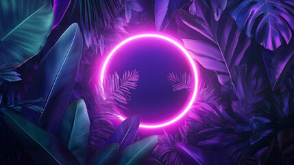 Canvas Print - Vibrant neon pink circle surrounded by tropical foliage.