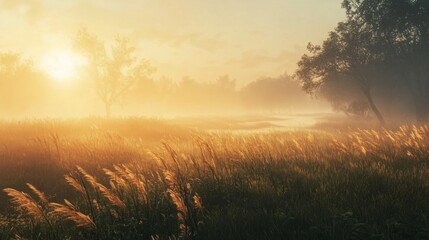 Poster - A field of tall grass sways gently in the wind as the sun rises over a foggy, rural landscape. Golden light illuminates the fog and creates a warm and ethereal atmosphere.