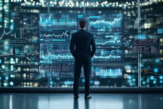 A businessman stands in front of a large digital screen filled with financial data and policy-related icons, contemplating the impact of economic policies on his investment strategy. The image offers