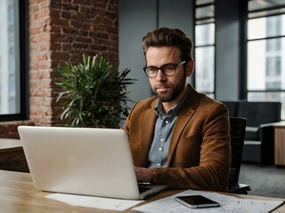 a man is working on his laptop in the office