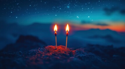 Two Romantic Matchsticks Burning In Love Sitting On Mountain Top Under Starry Moonlit Sky - Love And Romance Concept with generative ai