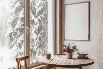 Scandinavian Winter Breakfast Nook: Cozy Kitchen with Snowy Forest View